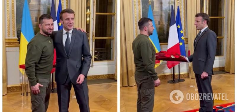''Это дань уважения Украине и ее народу'': Макрон наградил Зеленского орденом Почётного легиона. Видео