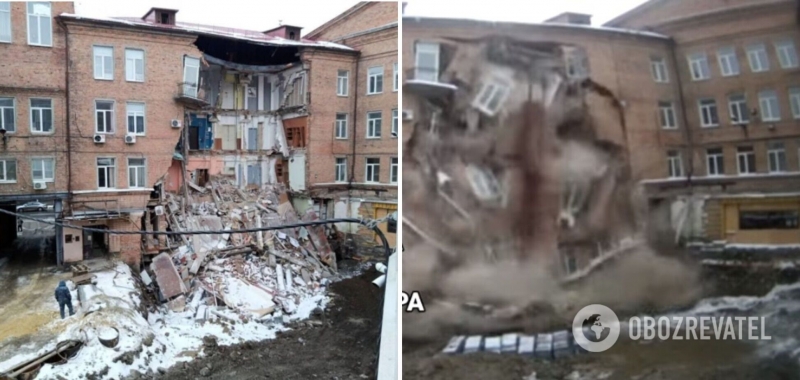 За пару секунд от здания осталась груда камней: момент обрушения стены в Харькове попал на видео